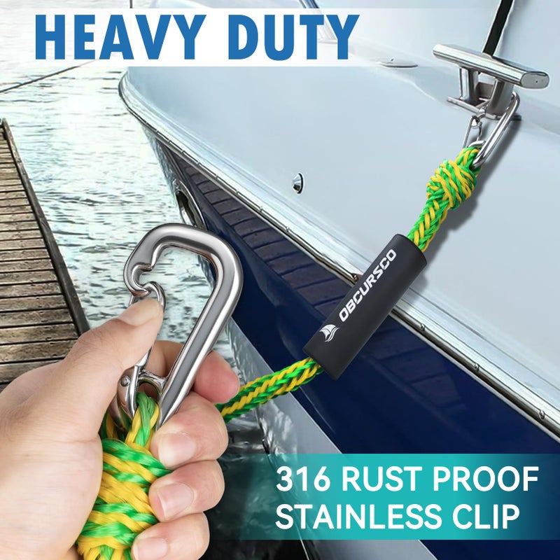 Obcursco خطوط ربط قوارب Obcursco PWC 1/2'x (7 قدم و 14 قدم)، خط ربط رصيف جت سكي لربط القوارب، ملحقات ربط البونتون لخطوط سحب الكاياك مع مشبك من الفولاذ المقاوم للصدأ 316 (أخضر وأصفر) - Image 3